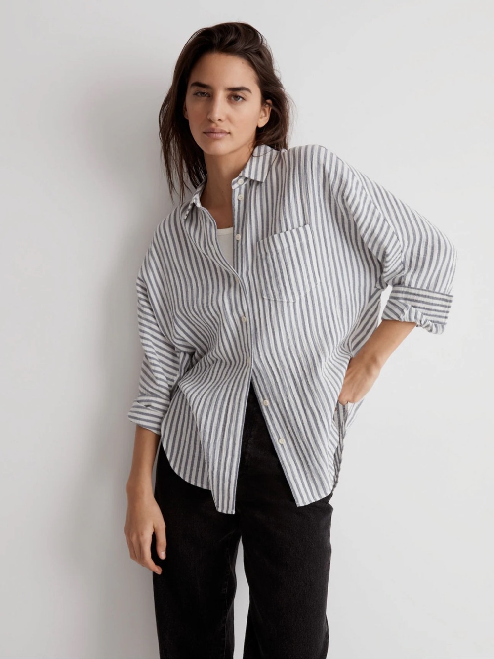 Madewell Long-Sleeve Dolman Shirt in Sunfaded Indigo Stripe